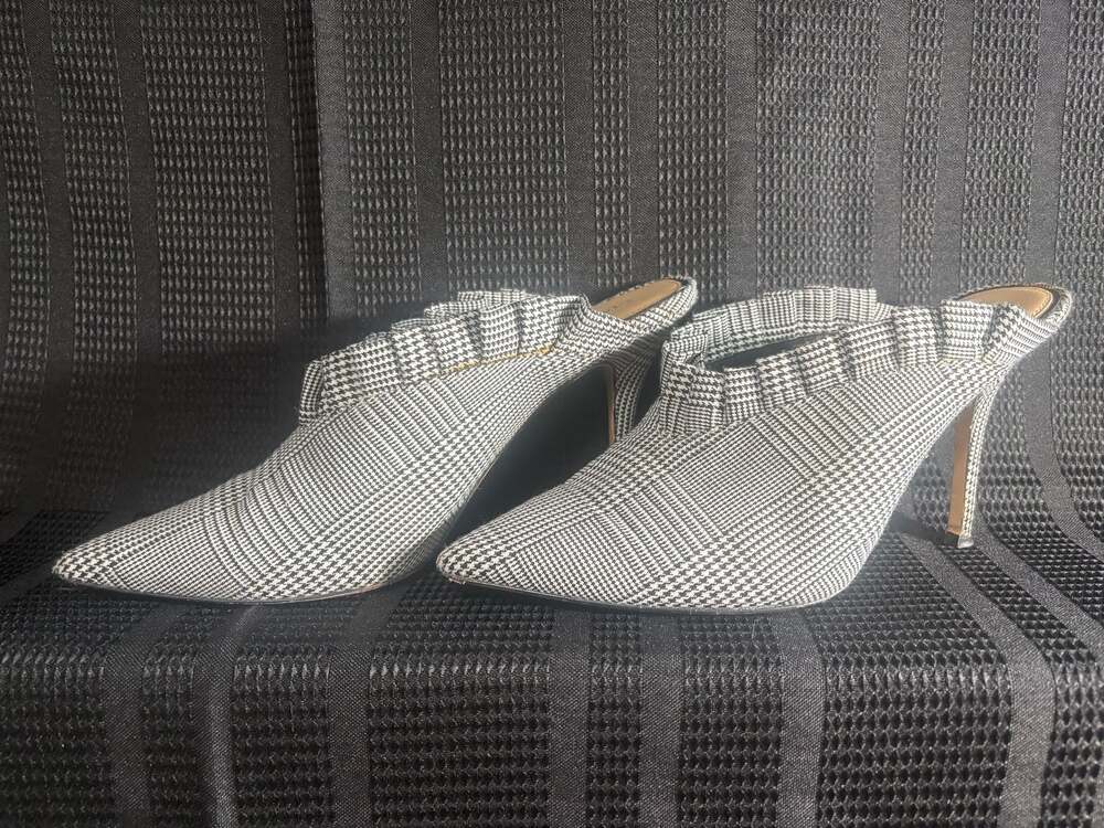 Gianni Bini Houndstooth Check Pointed Toe Ruffle Mules